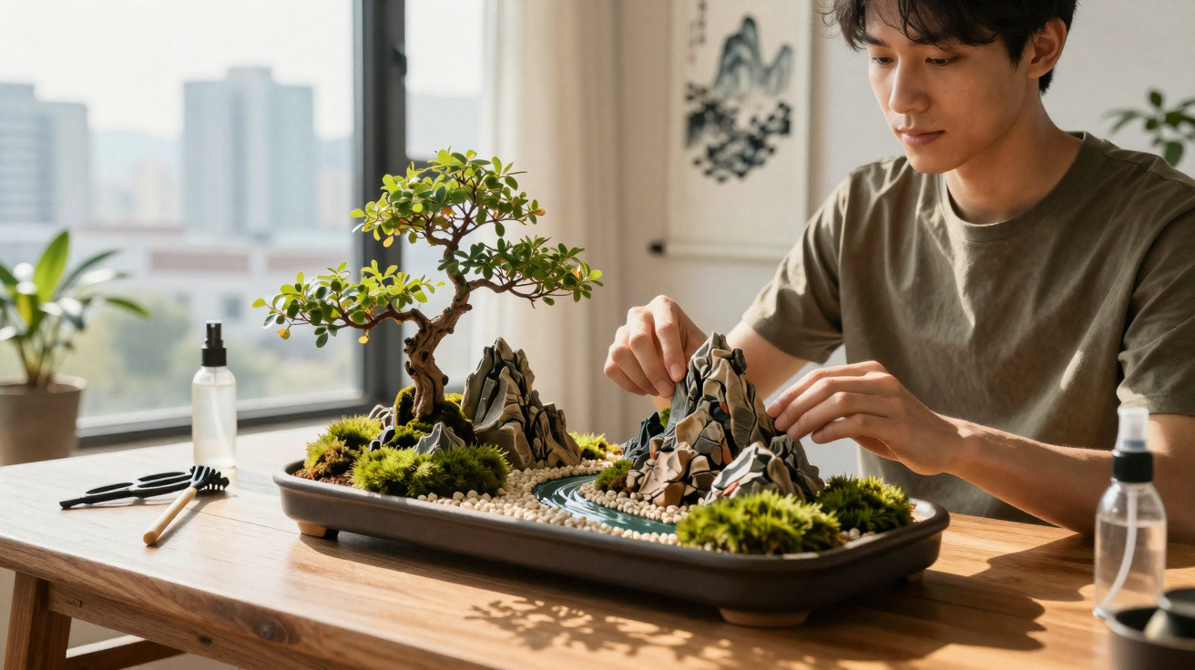 Homem cuidando de jardim de bonsai com árvores, pedras e musgo em bandeja sobre mesa de madeira.