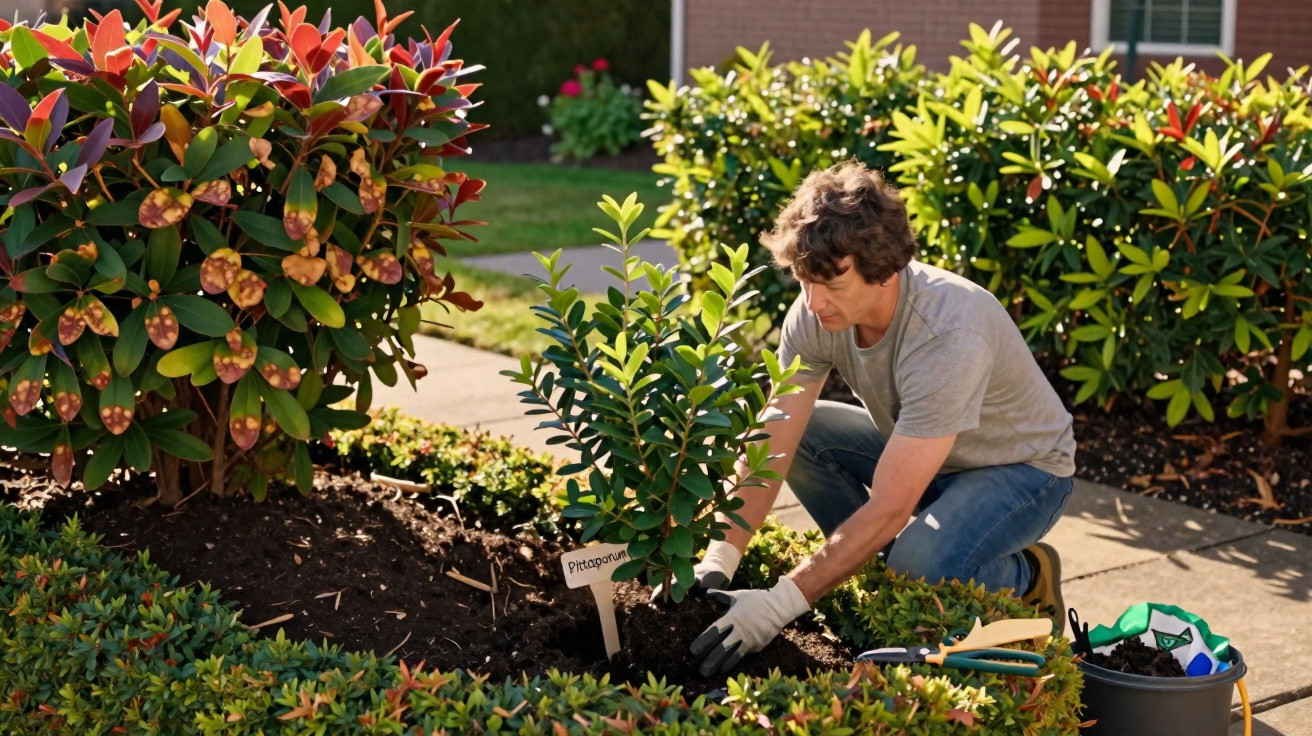 Homem plantando muda de pitaporum em jardim residencial, usando luvas e ferramentas de jardinagem.