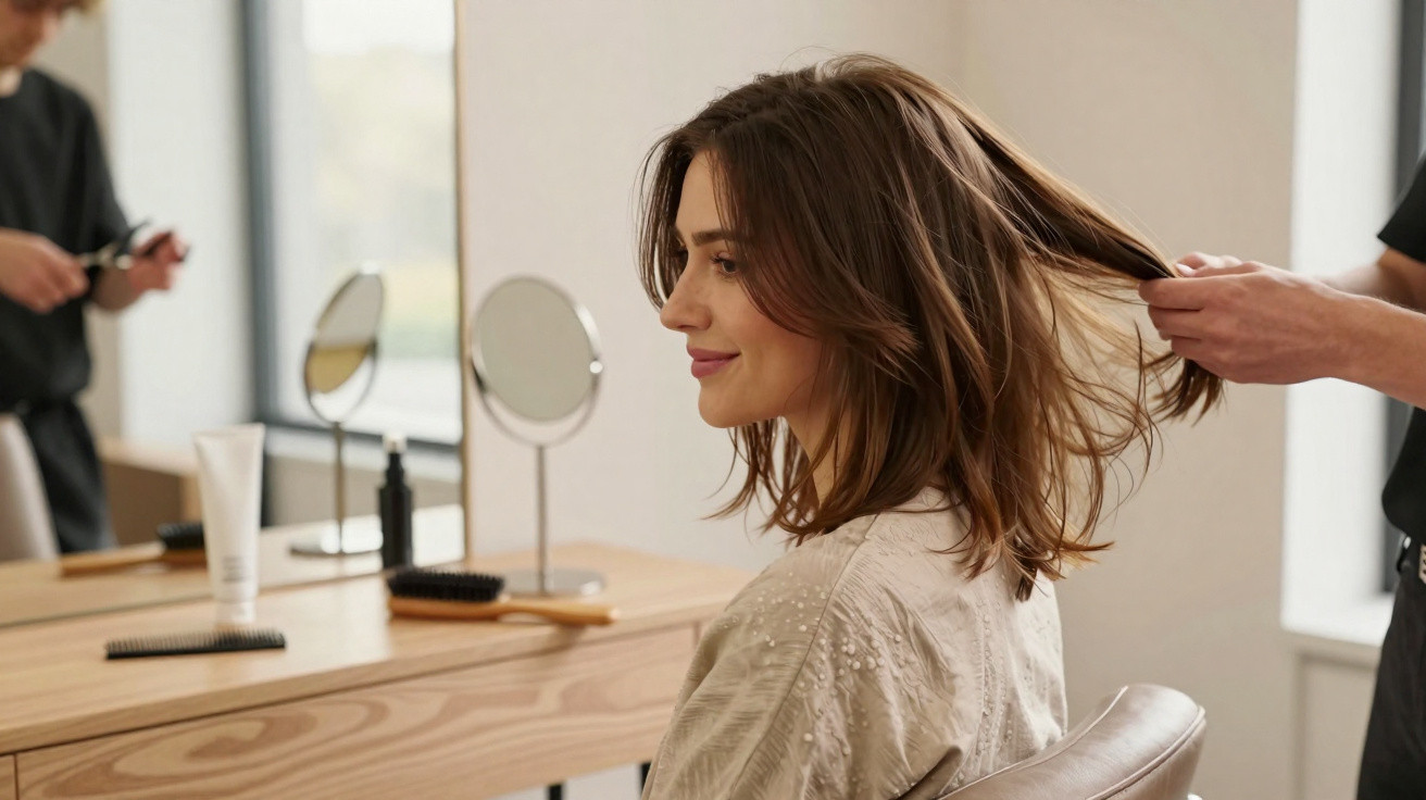 Mulher sorridente sentada em salão de beleza enquanto profissional penteia seu cabelo castanho.