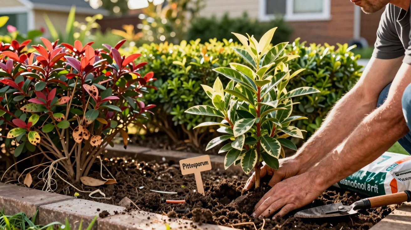 Pessoa plantando muda de Pittosporum em canteiro com outras plantas em jardim residencial.
