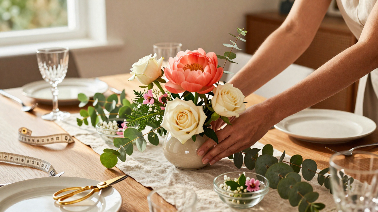 Pessoa arrumando arranjo floral com rosas e folhagens em vaso sobre mesa de madeira decorada.