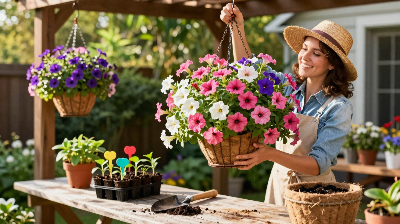 Mulher sorridente segurando vaso suspenso com flores coloridas em jardim ensolarado.