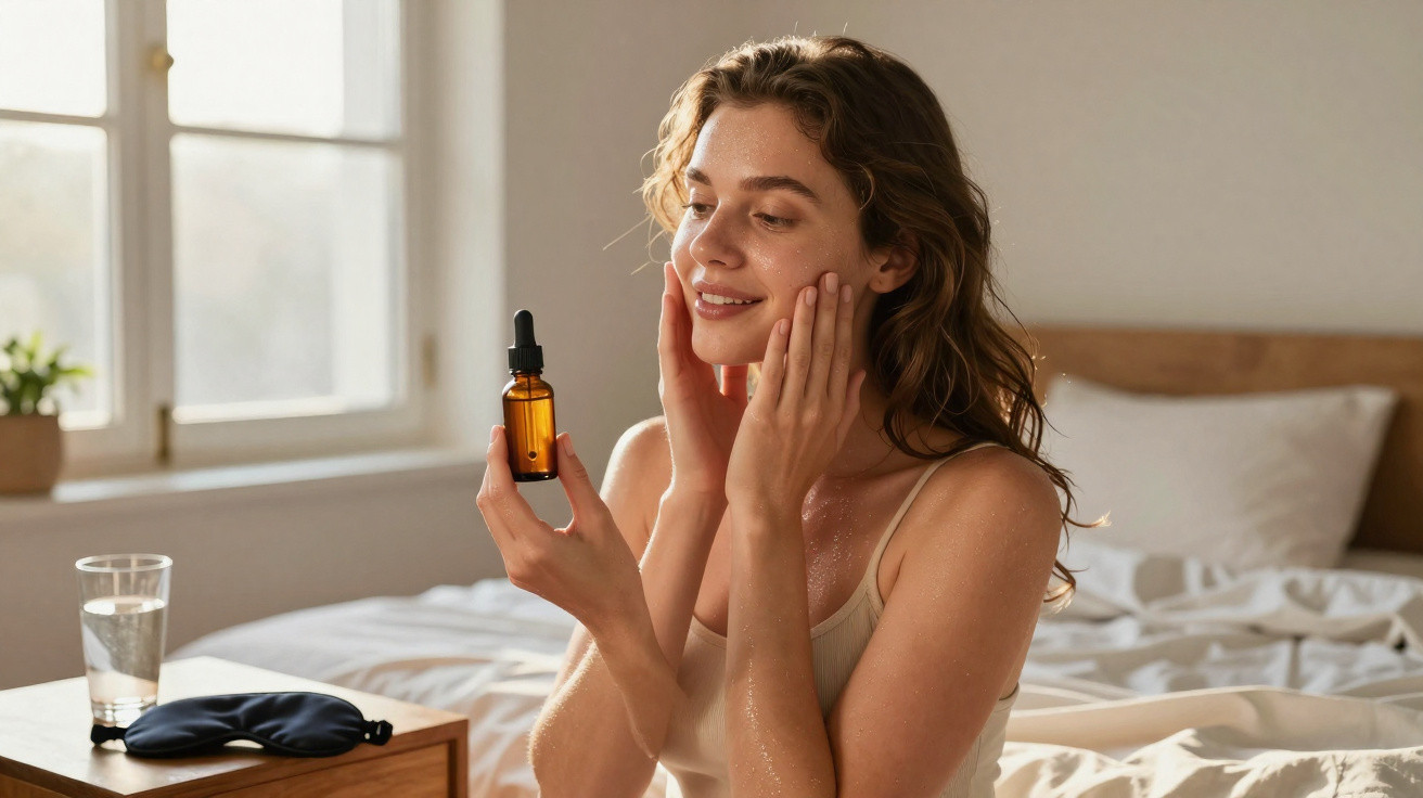 Mulher sorrindo aplica sérum facial em casa, sentada na cama com frasco âmbar na mão.