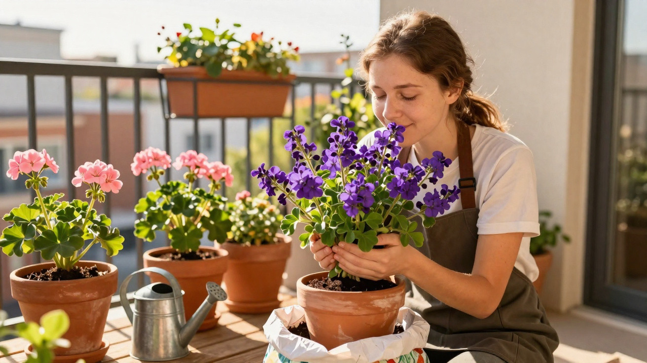 Mulher sorrindo cuidando de flores roxas em vaso, com vários vasos floridos ao redor em sacada iluminada.