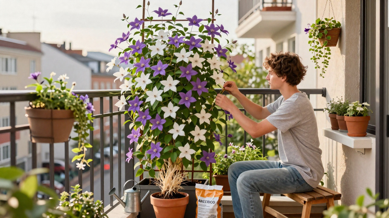 Jovem cuidando de flores brancas e roxas em varanda com vasos e plantas ao pôr do sol.