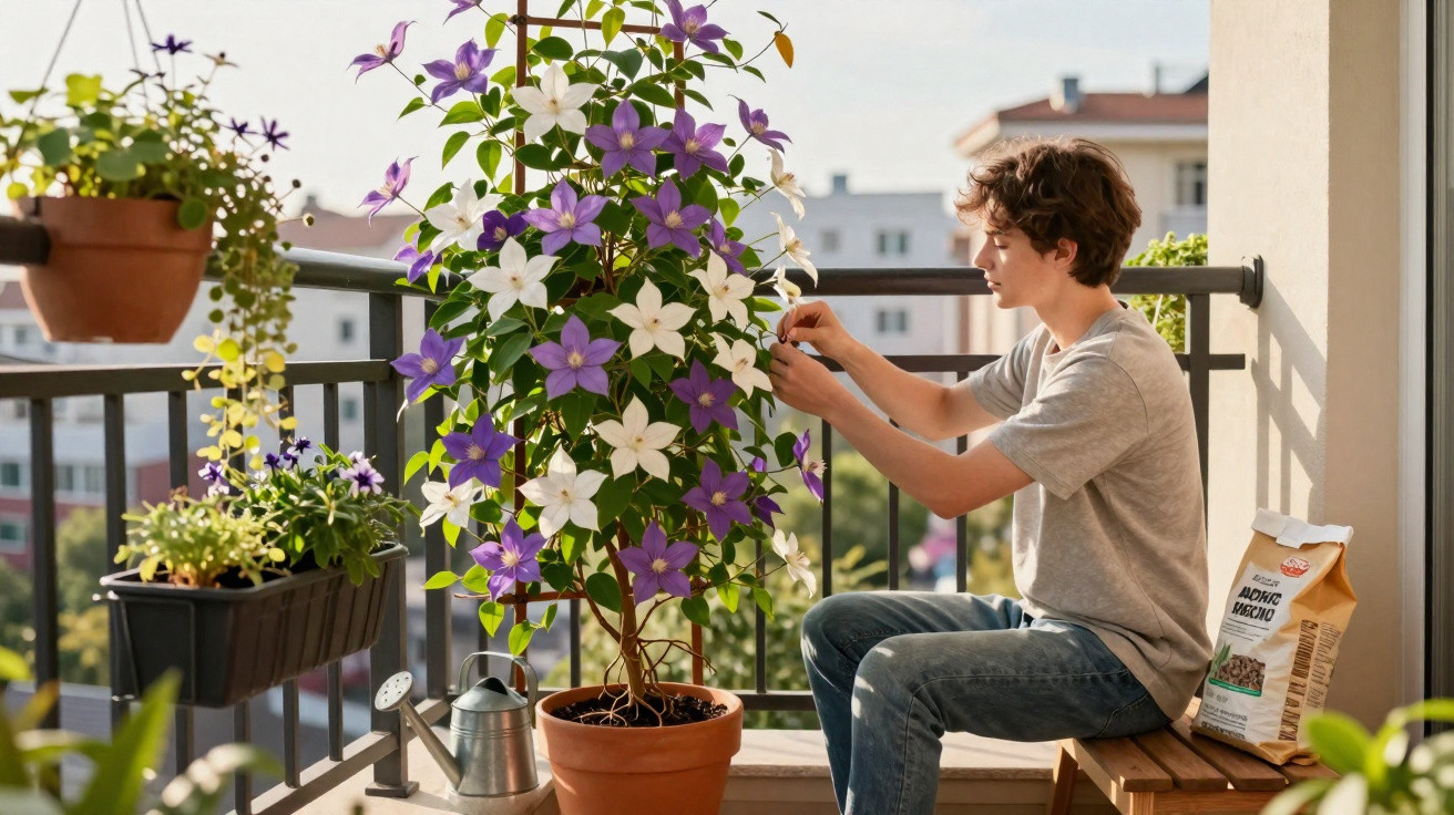 Jovem cuidando de flores brancas e roxas em vaso no terraço ensolarado de apartamento.