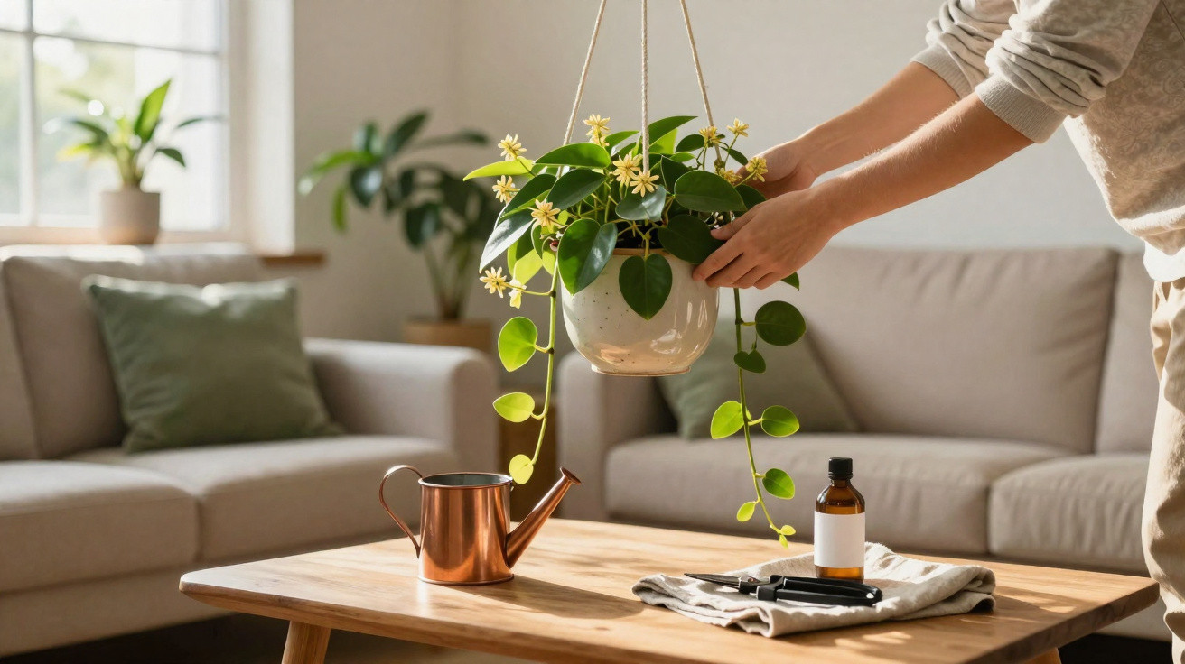 Pessoa ajustando planta suspensa em vaso branco acima de mesa de madeira com regador, frasco e pano em sala iluminada.