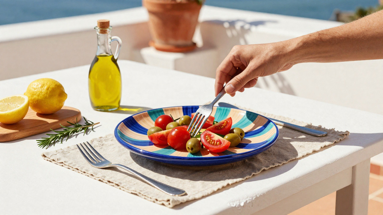 Prato colorido com tomates e azeitonas, azeite, limão e mão segurando um garfo em mesa ao ar livre.