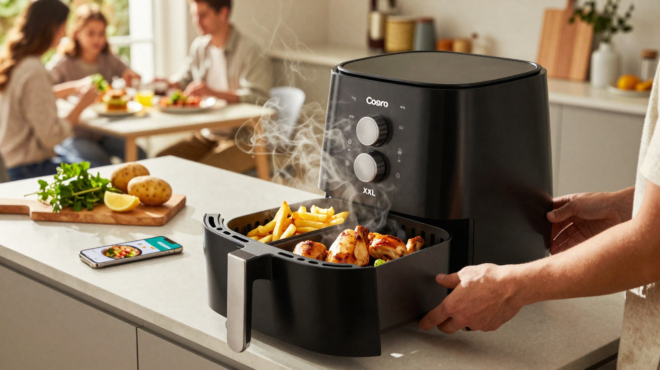 Pessoa retirando frango e batatas fritas quentes de uma air fryer preta em cozinha com família ao fundo.