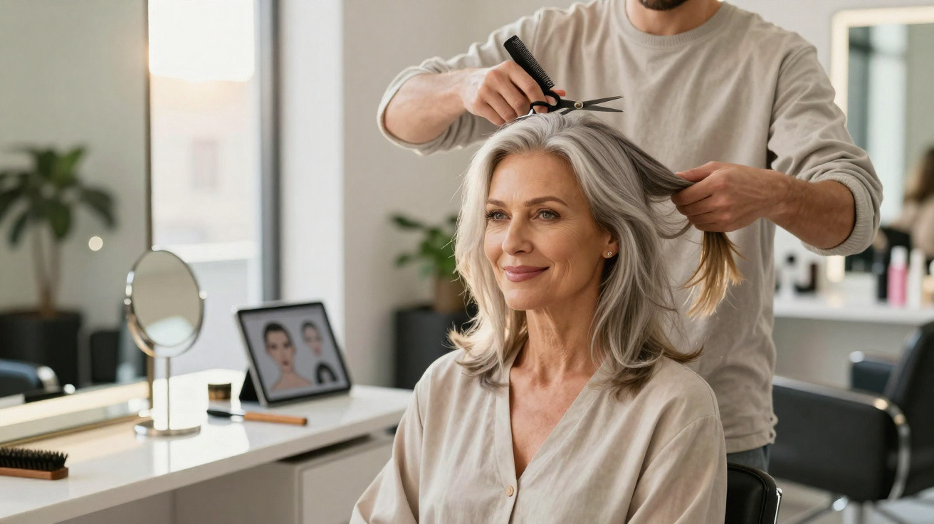 Mulher madura sorrindo enquanto profissional corta seu cabelo grisalho em salão moderno e iluminado.