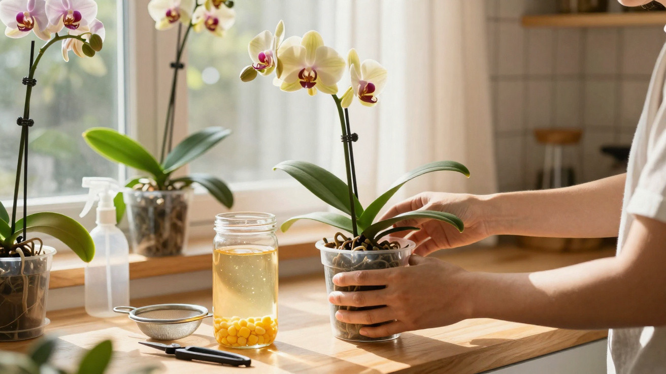 Pessoa cuidando de orquídea branca com toque de roxo em vaso transparente na bancada iluminada pelo sol.