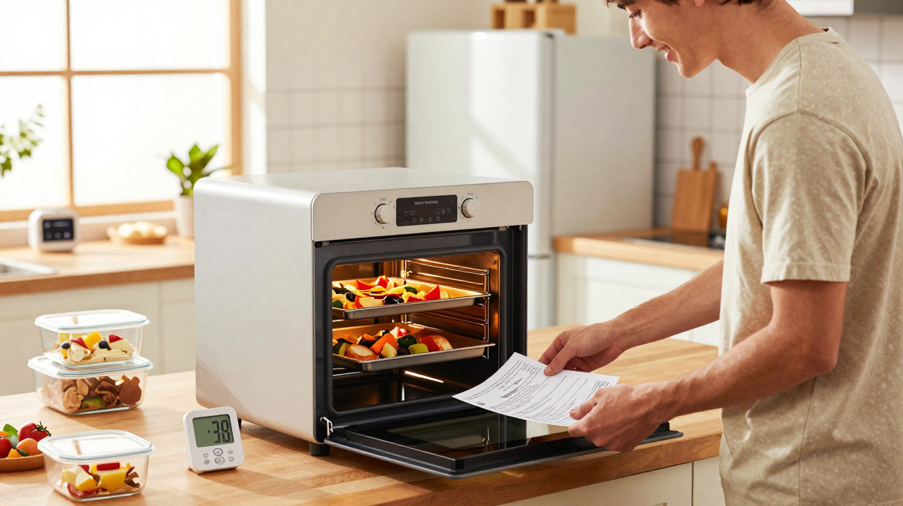 Homem preparando receitas em forno elétrico de bancada com frutas no interior na cozinha.