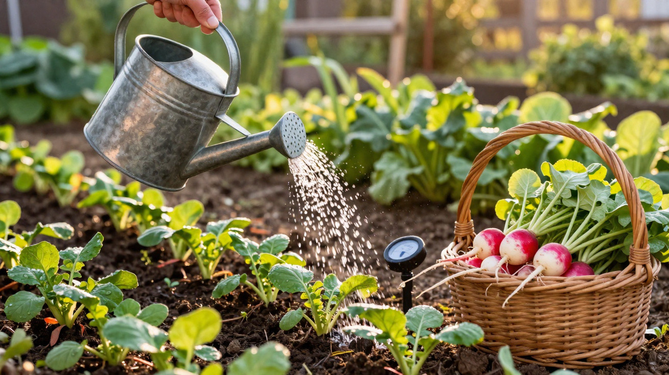 Pessoa regando plantas em canteiro com regador, próximo a cesta de rabanetes colhidos em jardim.