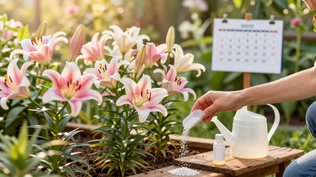 Mão espalhando fertilizante em flores de lírio em jardim com regador e calendário ao fundo.