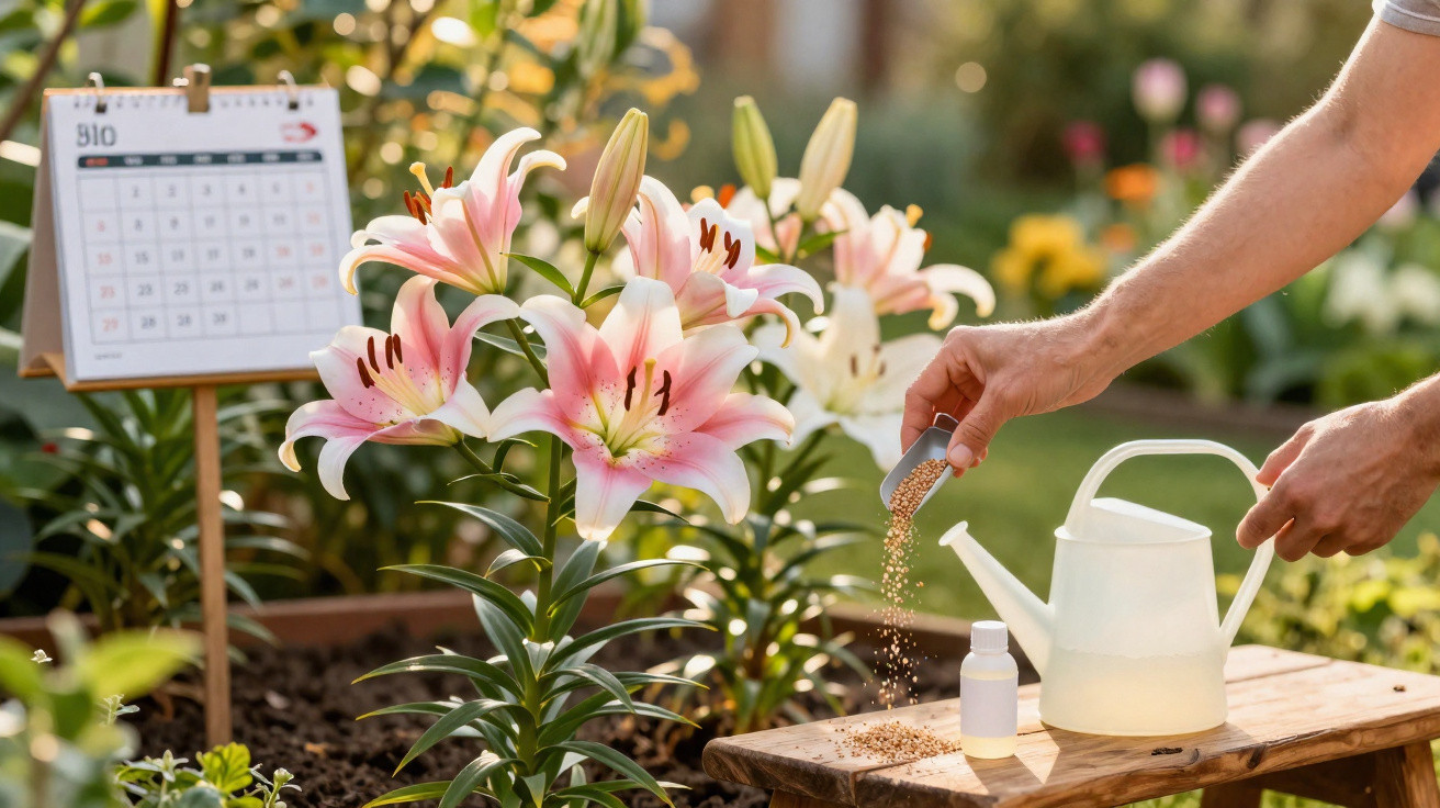 Mãos segurando sementes próximas a flores de lírio rosa em jardim com regador e calendário ao fundo.