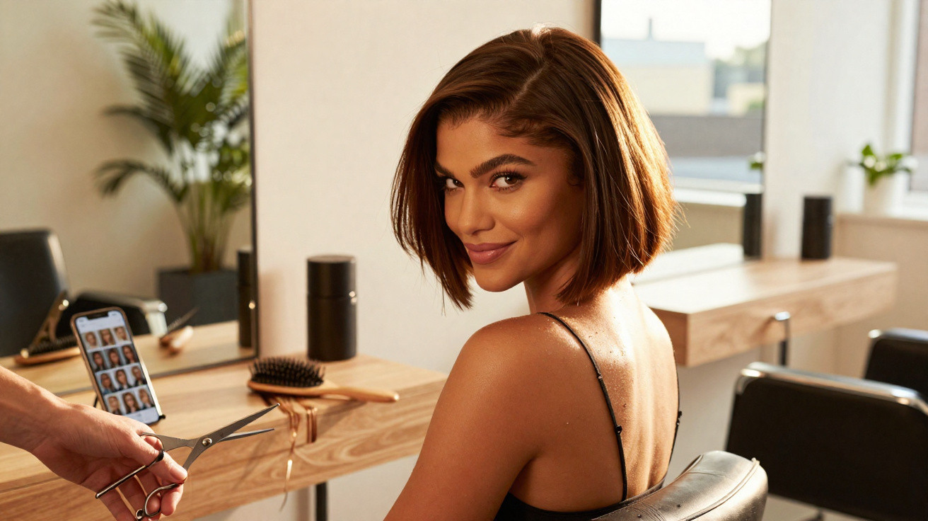 Mulher sorridente com corte de cabelo curto em salão de beleza, cadeiras e espelho ao fundo.