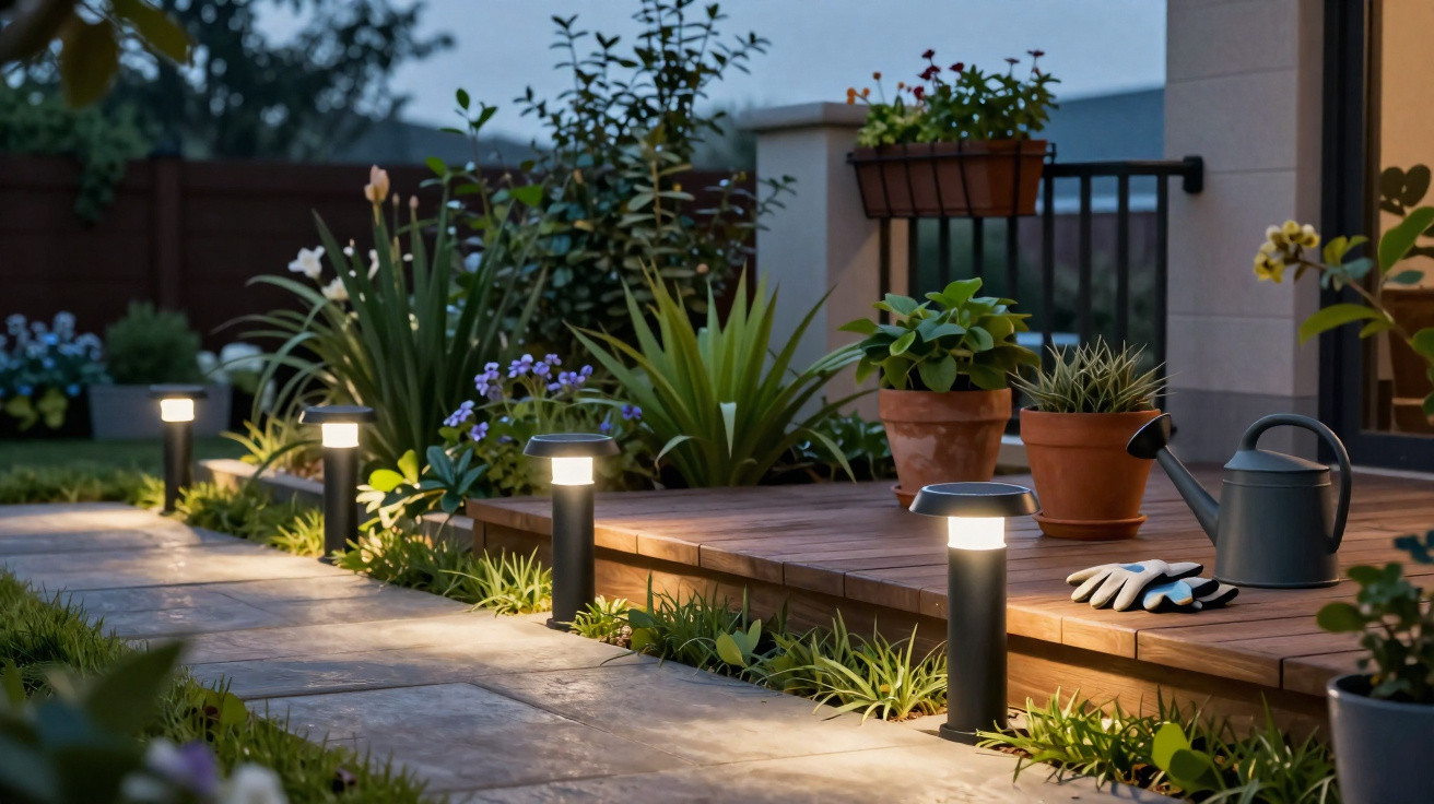Iluminação de jardim com postes baixos em caminho de pedra ao lado de plantas e vaso de regador no deck.