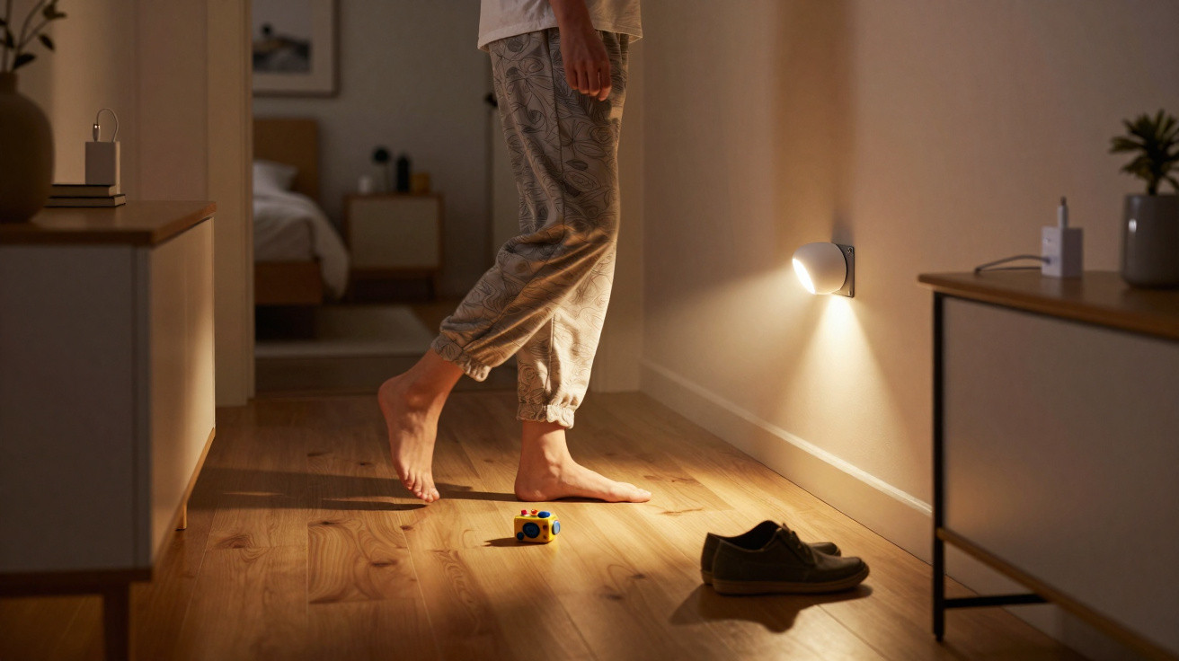 Pessoa descalça andando no corredor de casa iluminado por luz noturna na parede, próximo a brinquedo e sapato.