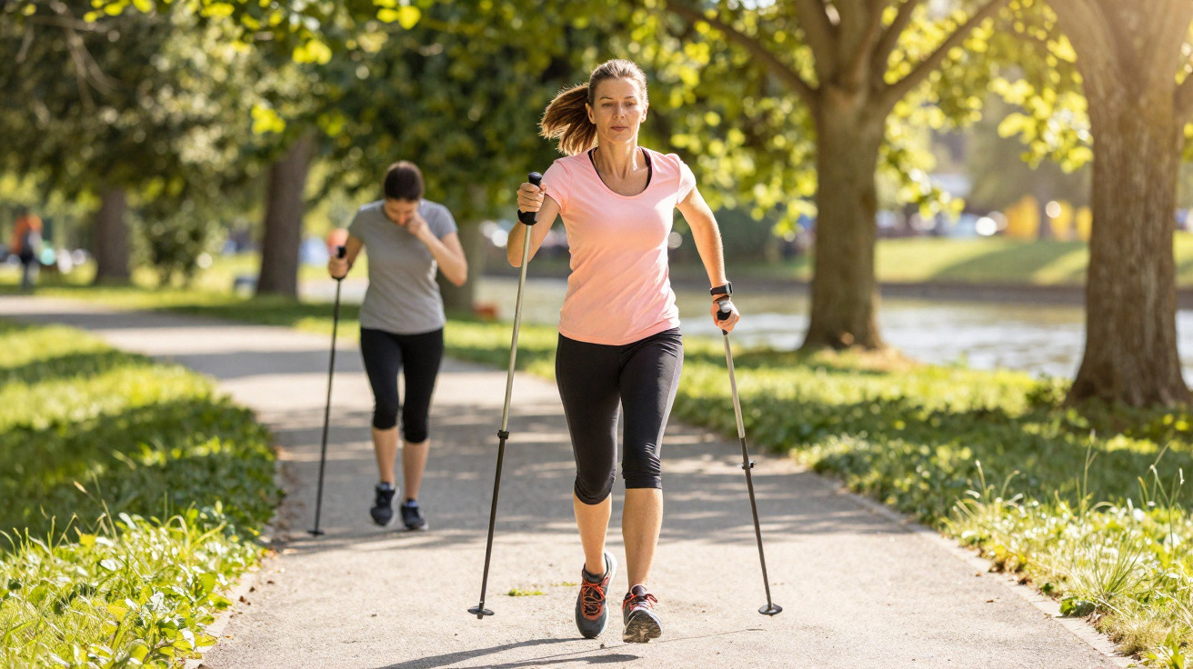Duas mulheres praticando caminhada nordic walk em parque ensolarado com árvores e lago ao fundo.