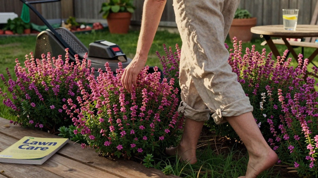 Pessoa colhendo flores lilases em jardim com cortador de grama e revista ao lado.