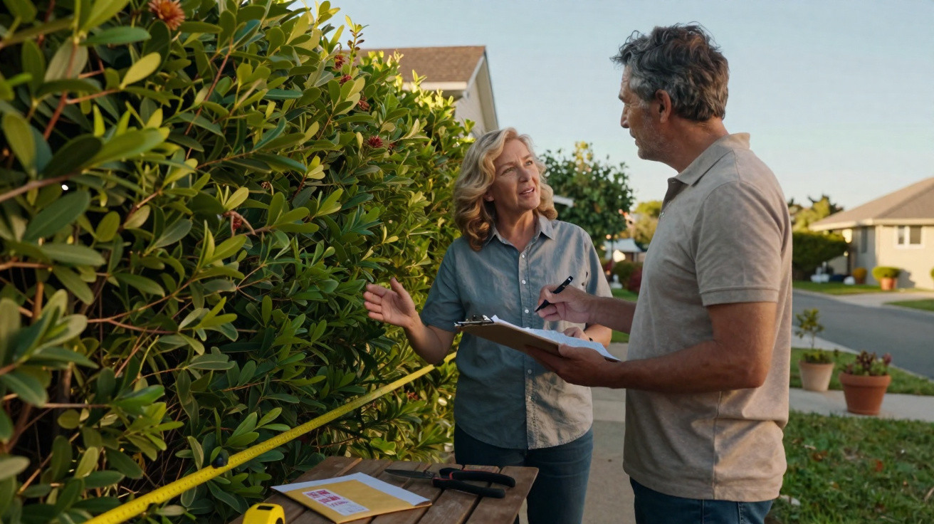 Duas pessoas medindo e anotando dados de plantas em um bairro residencial ensolarado.