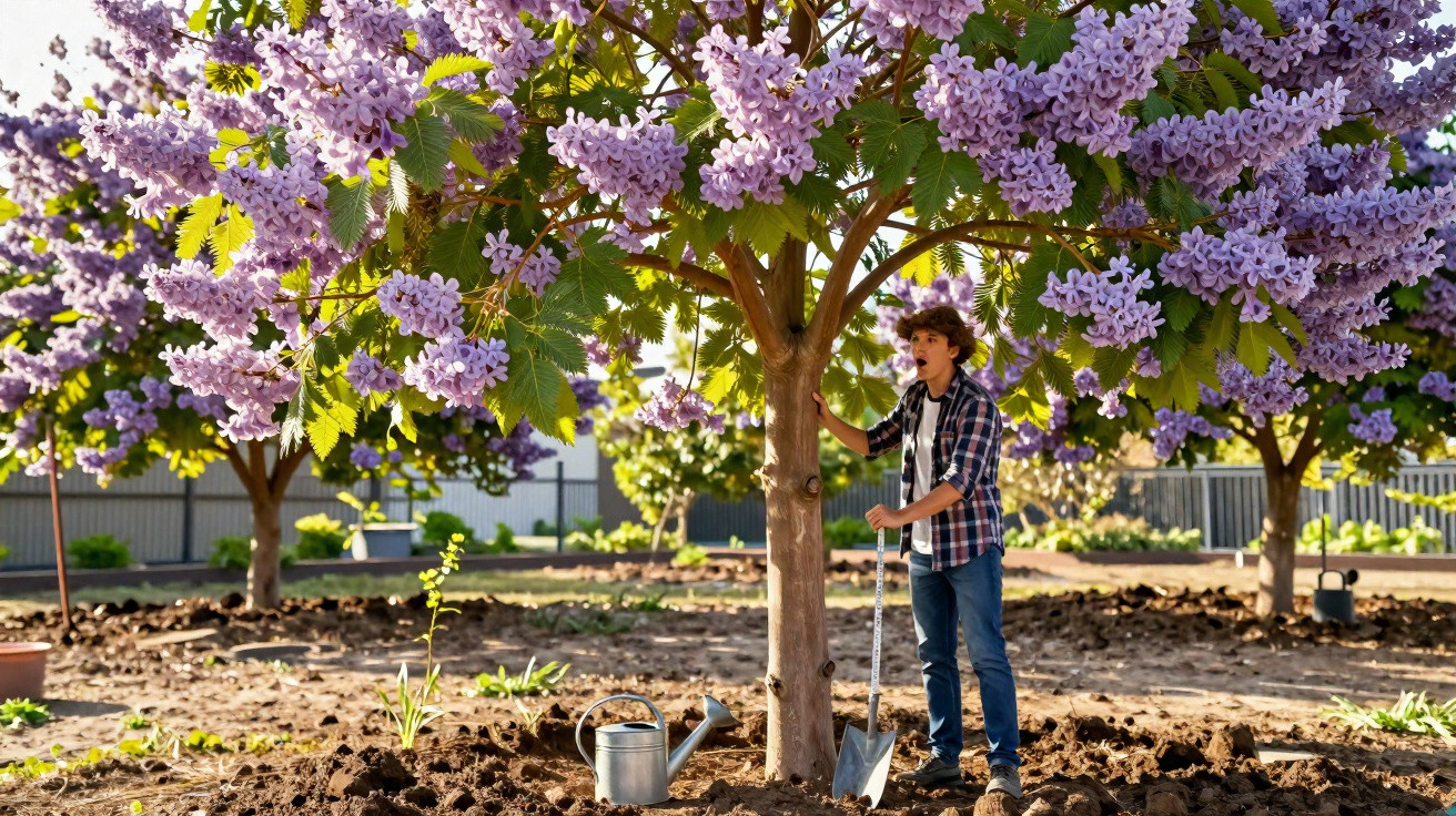 Menino com pá e regador junto a árvore com flores roxas em área de plantio ensolarada.