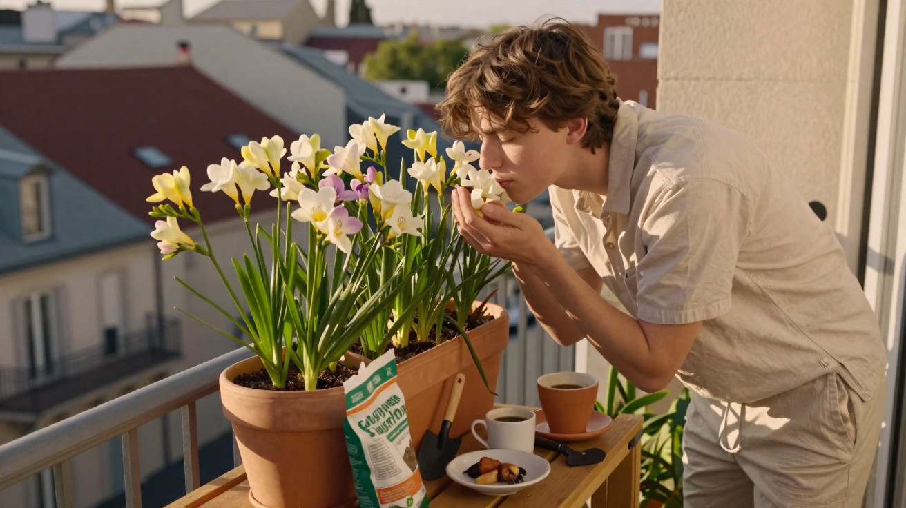 Jovem cheirando flores em vaso na varanda com café e petiscos ao lado em dia ensolarado.