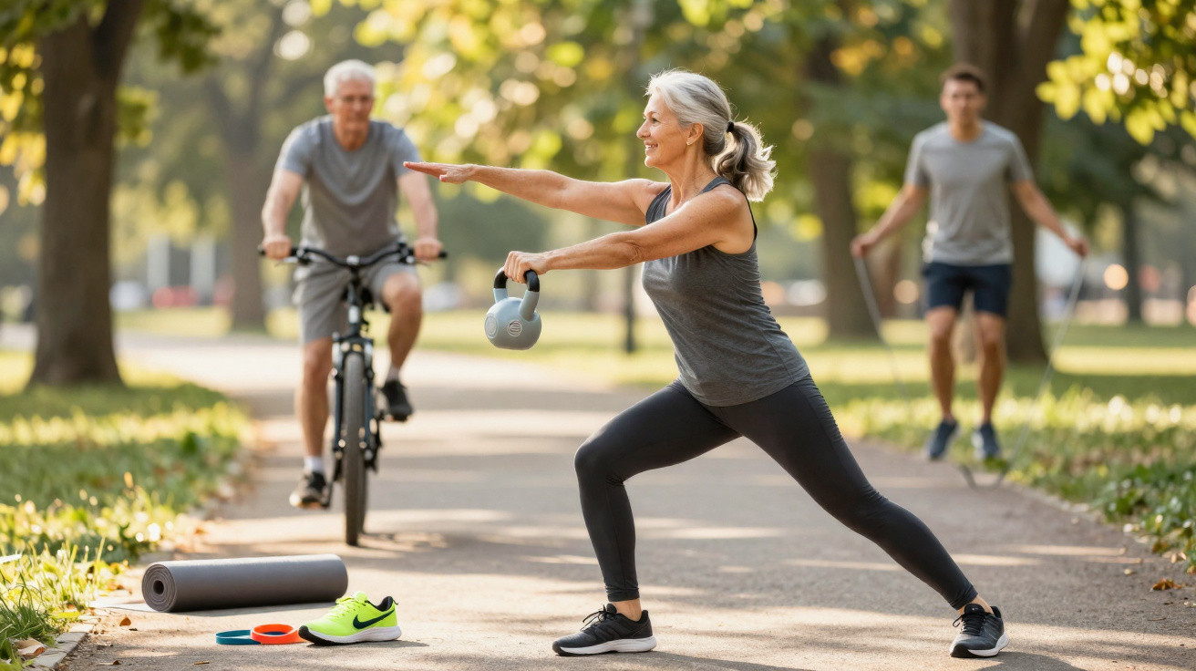 Mulher madura faz exercício com kettlebell em parque, homem anda de bicicleta e outro pula corda ao fundo.