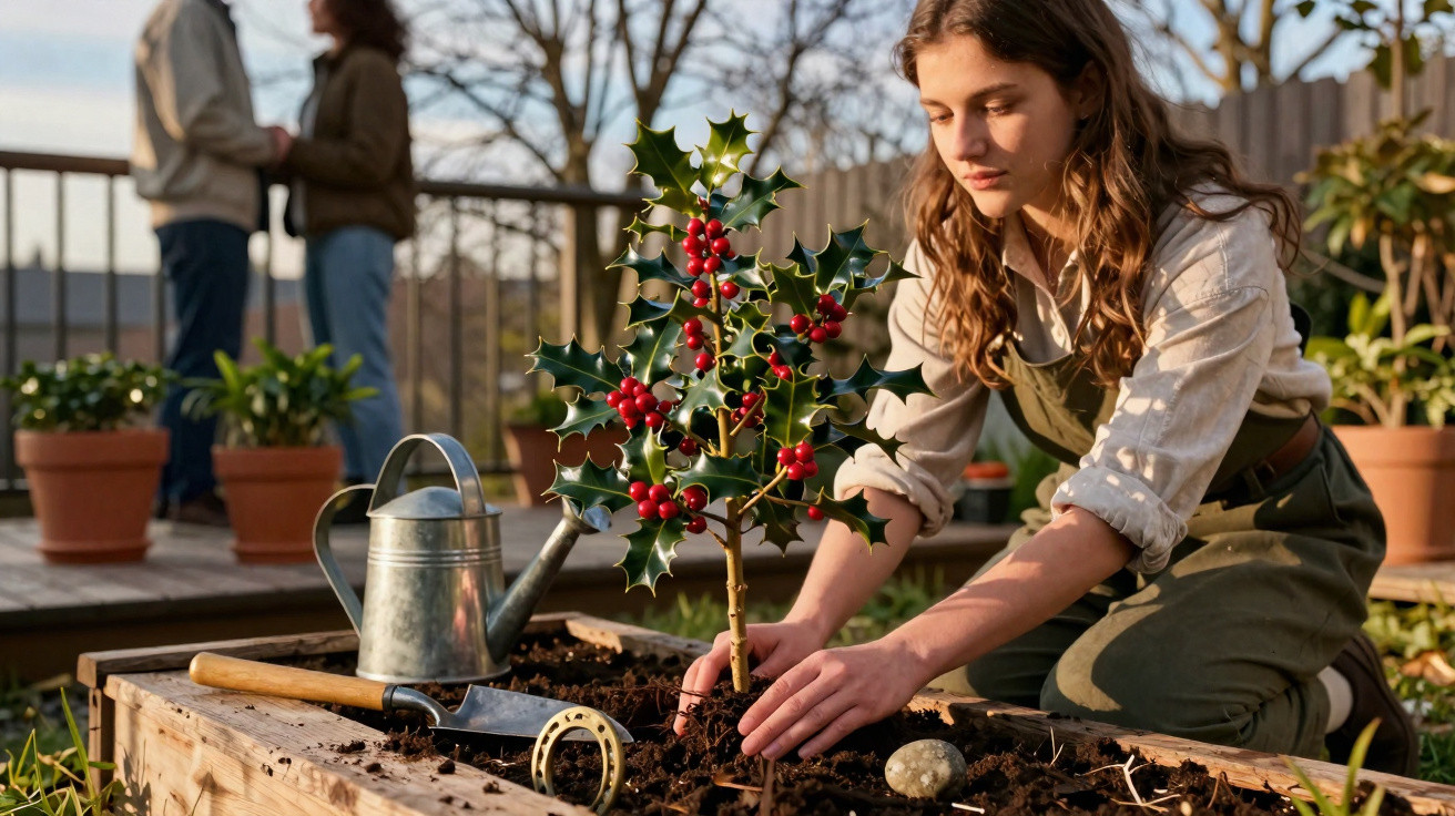 Jovem planta arbusto com bagas vermelhas em jardim elevado ao ar livre, com regador e colher de jardinagem.
