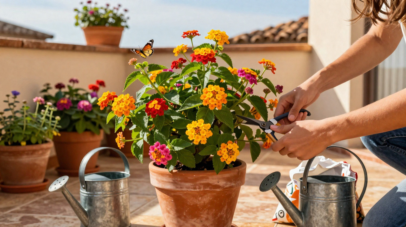 Pessoa cuidando de flores coloridas em vaso de barro com regador e borboleta em área externa ensolarada.