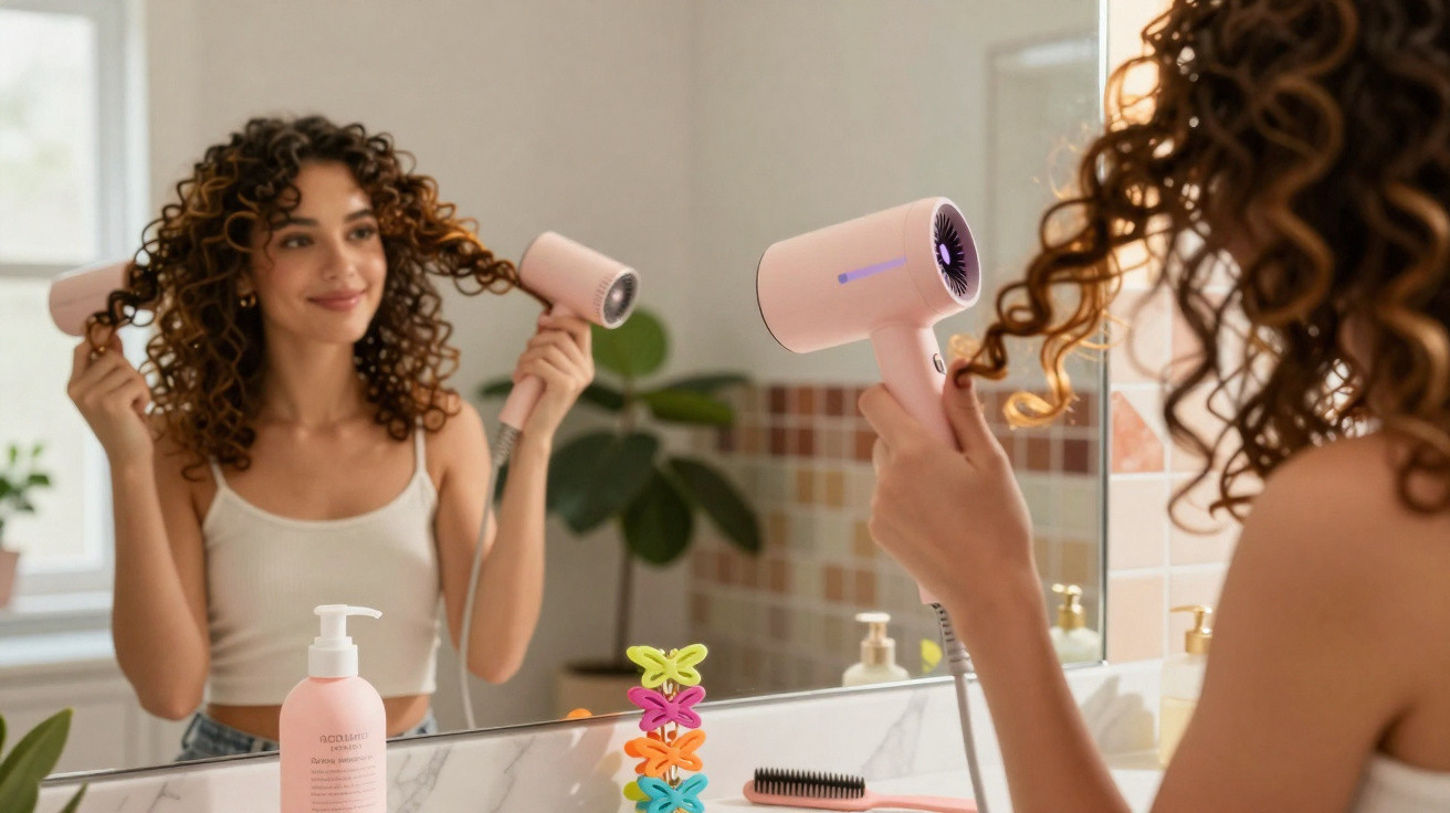 Mulher sorridente secando os cabelos cacheados com secador rosa em banheiro iluminado.