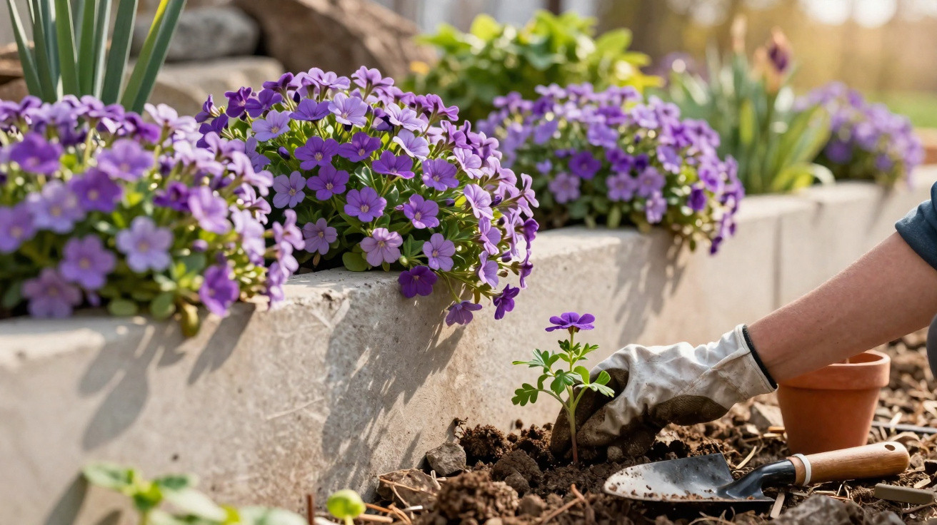 Pessoa com luva plantando flor roxa em solo próximo a jardim com flores semelhantes e vaso de barro.