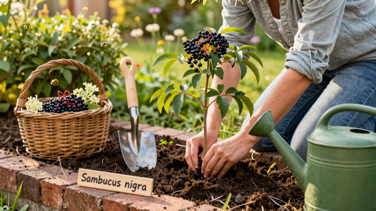 Pessoa plantando muda de Sambucus nigra em canteiro com regador, pá e cesta com frutos maduros.