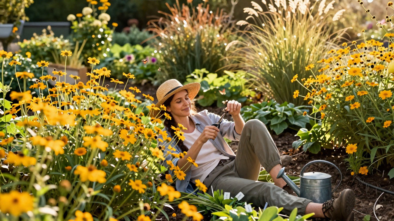 Mulher sorrindo sentada no jardim entre flores amarelas enquanto poda plantas, com regador ao lado.