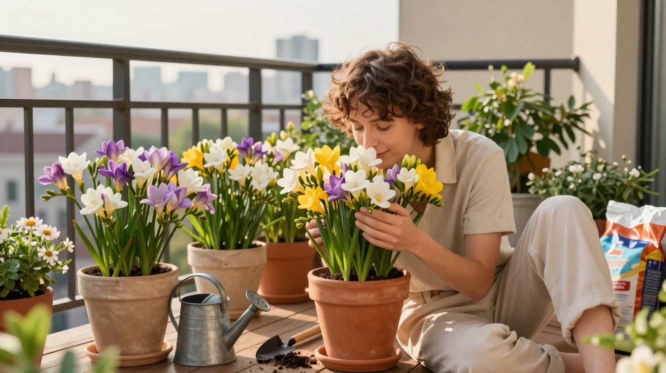 Pessoa sentada cheirando flores coloridas em vasos de barro no terraço com ferramentas de jardinagem.