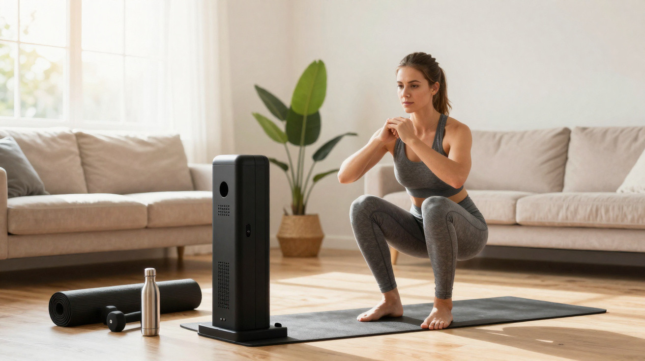 Mulher fazendo agachamento em tapete de yoga na sala, com garrafa, peso e aparelho ao lado.