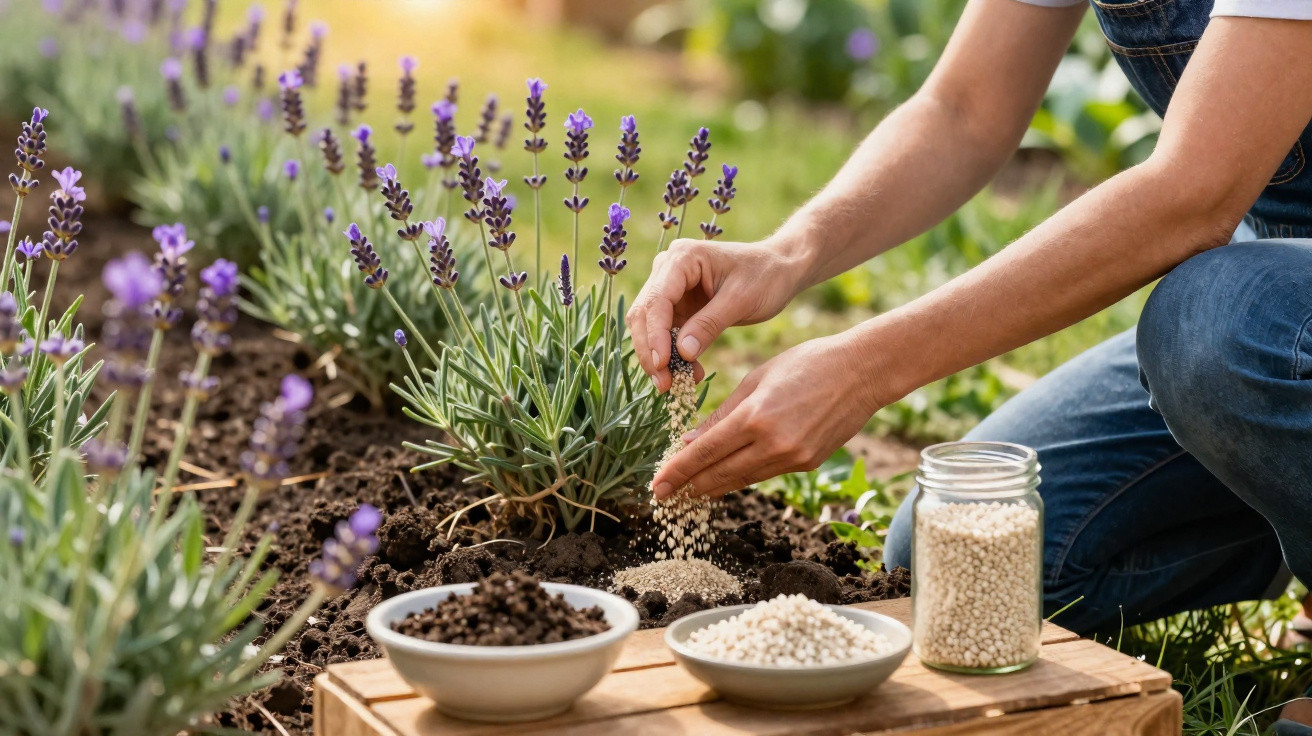 Pessoa aplicando fertilizante em plantas de lavanda em jardim ao ar livre.