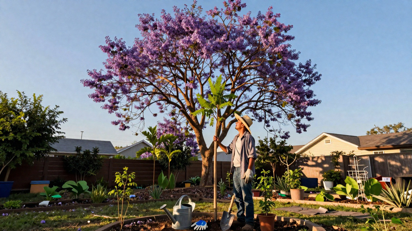 Pessoa com chapéu segura muda de planta em jardim com árvore de flores roxas ao fundo em dia ensolarado.