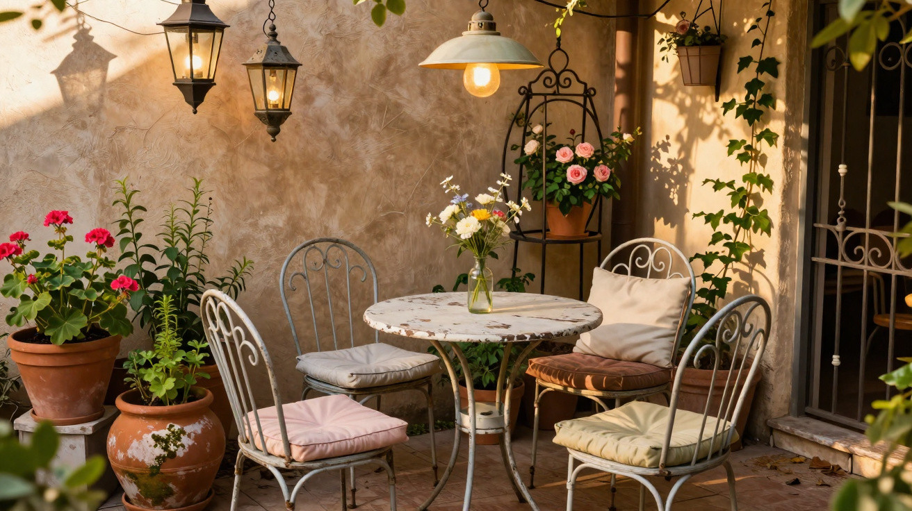 Varanda aconchegante com mesa redonda, quatro cadeiras, vasos de flores e iluminação suave.