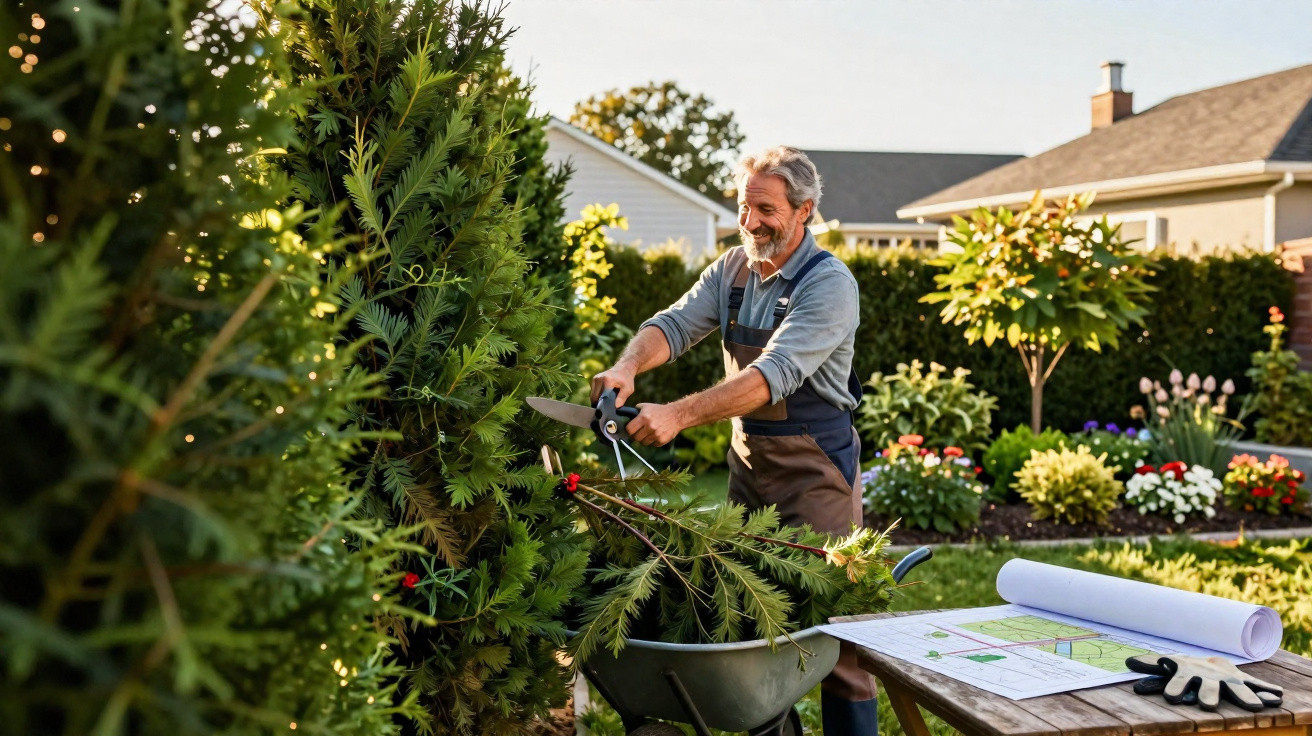 Homem cortando galhos de árvore em jardim ensolarado com plantas e mesa com planta baixa.