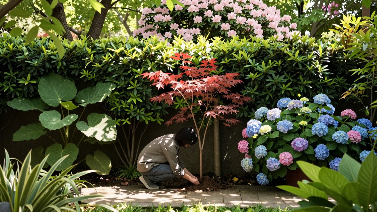 Pessoa agachada cuidando de uma pequena árvore vermelha em jardim com flores coloridas e folhagens verdes.