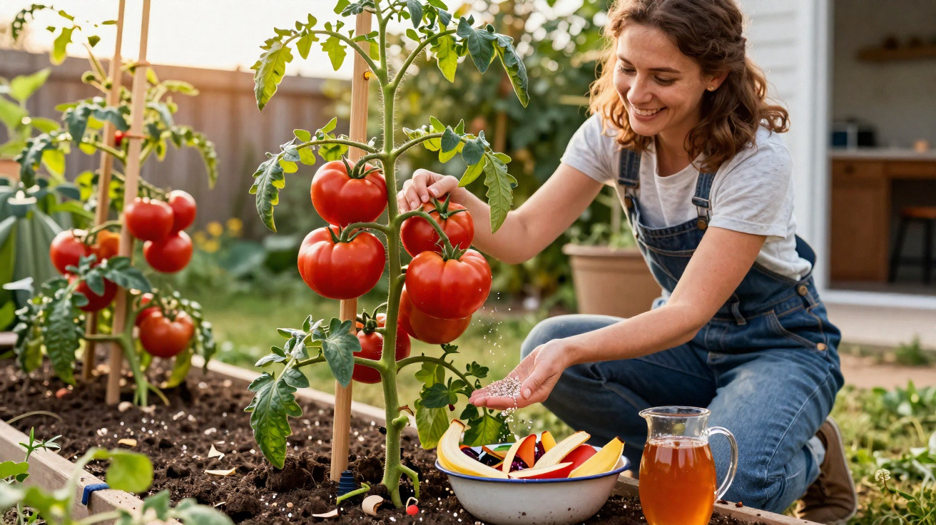 Mulher regando planta de tomate em horta caseira ao ar livre, com frutas e jarra ao lado.