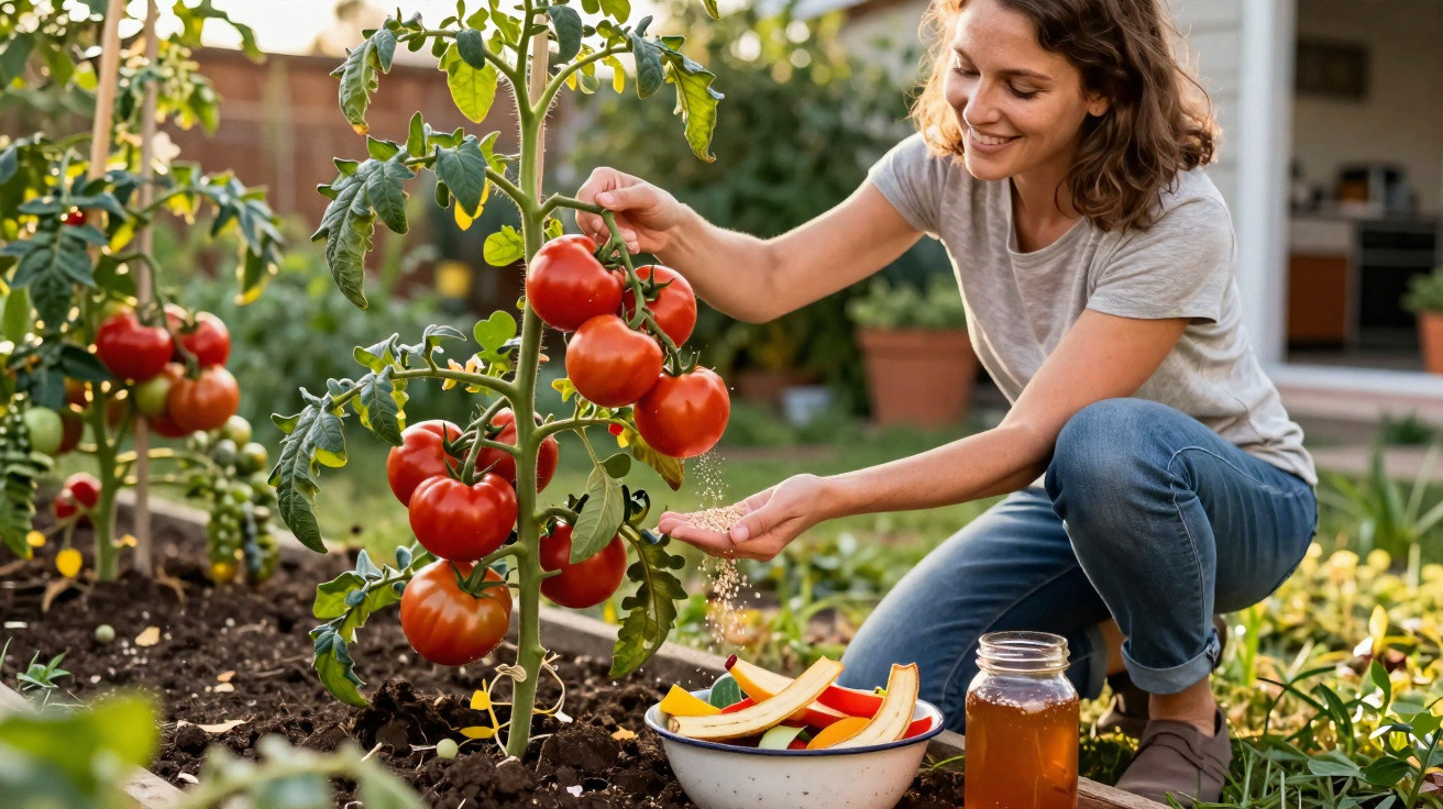 Mulher cuidando de planta de tomateira em jardim, com pote de mel e tigela com vegetais ao lado.
