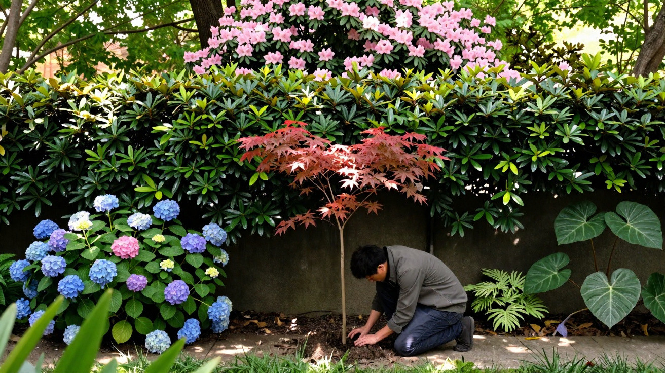 Homem plantando árvore de folhas vermelhas em jardim com hortênsias azuis e flores rosas ao fundo.