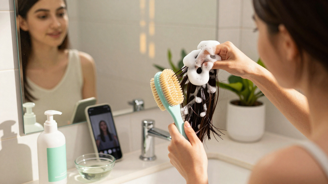 Mulher aplicando espuma de shampoo em uma escova enquanto assiste a vídeo no celular no banheiro.