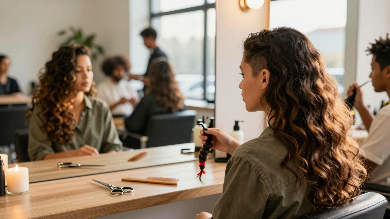 Mulher segurando cabelo cortado em salão de beleza, refletida no espelho com outros clientes ao fundo.