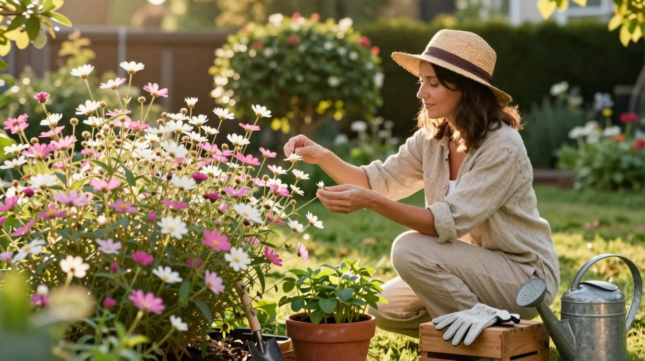 Mulher com chapéu cuidando de flores rosas e brancas em jardim ao ar livre ao entardecer.