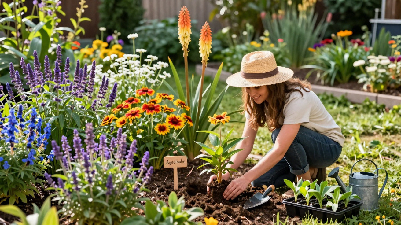 Mulher de chapéu plantando flores em jardim colorido com flores e regador ao lado.