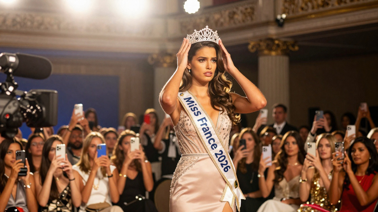 Miss France 2026 com vestido elegante e coroa em cerimônia, enquanto público registra com celulares.