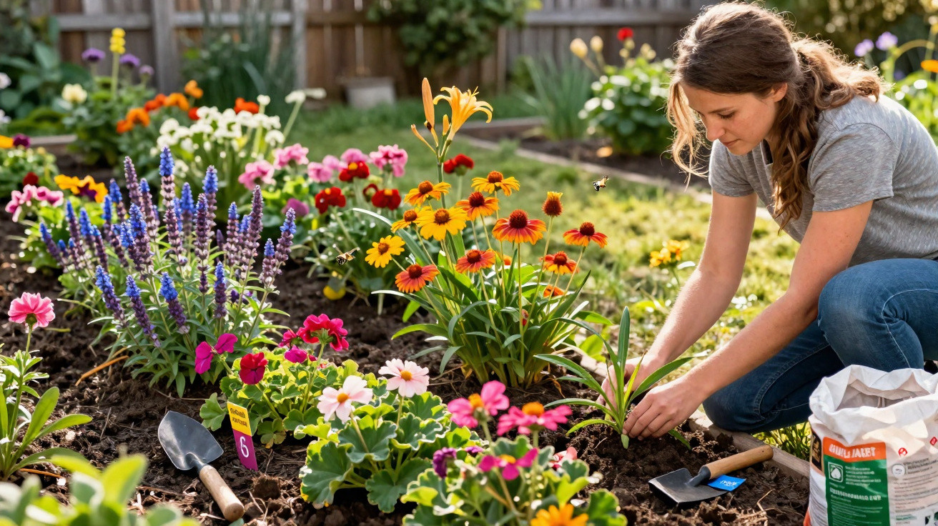 Mulher cuidando de plantas e flores em um jardim florido ao ar livre em dia ensolarado.